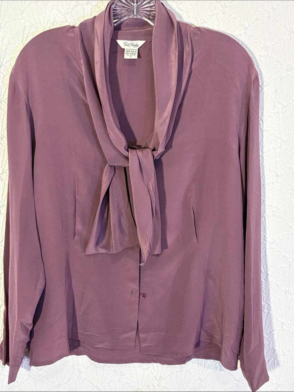 100% SILK Mauve Tie-Neck Button-Down Blouse Paul Stanley Hong Kong tailored Rare